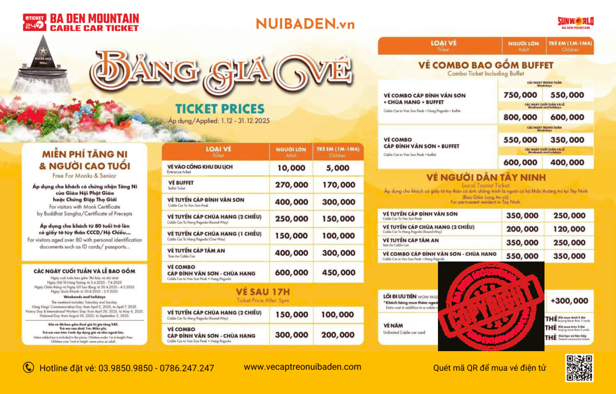 Ba Den Mountain Cable Car Ticket Prices