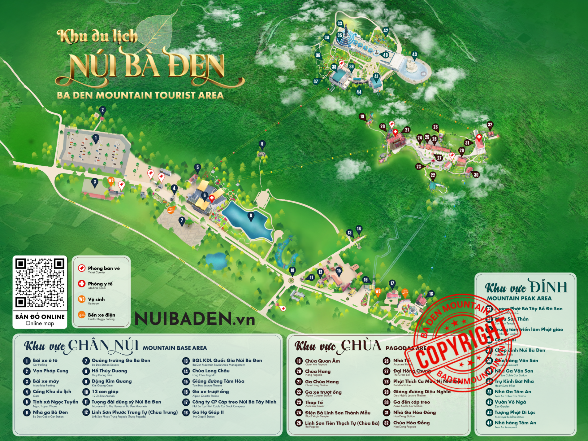 Illustrated sightseeing map of Ba Den Mountain showing cable car routes and major attractions.