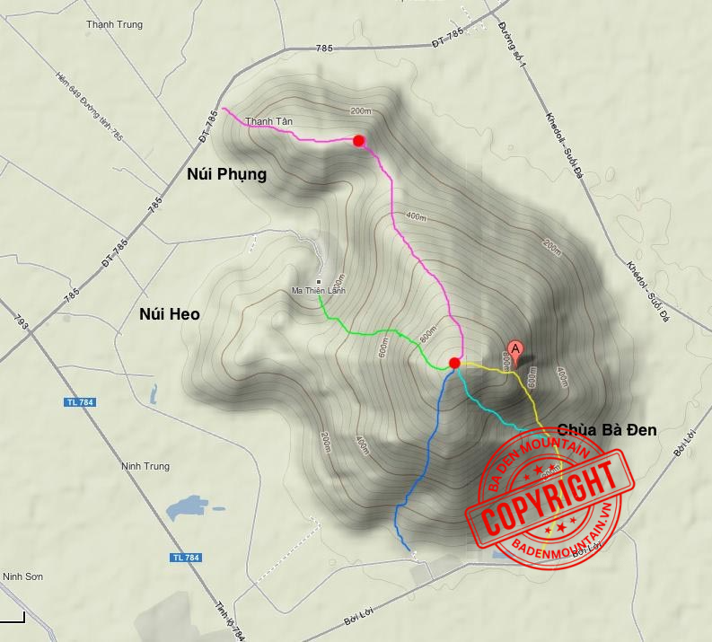 Ba Den Mountain Hiking Map: Map illustrating the trekking routes and cable car lines at Ba Den Mountain