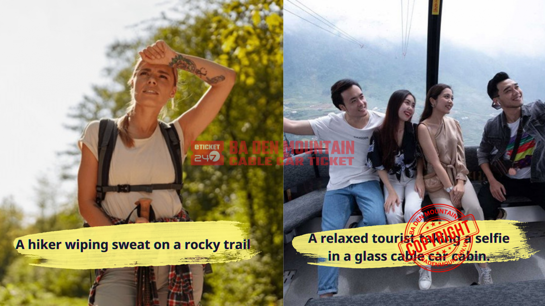 Trekking Ba Den Mountain vs Cable Car: Comparison between hiking the rocky trails and taking the Sun World cable car to Ba Den Mountain Peak.