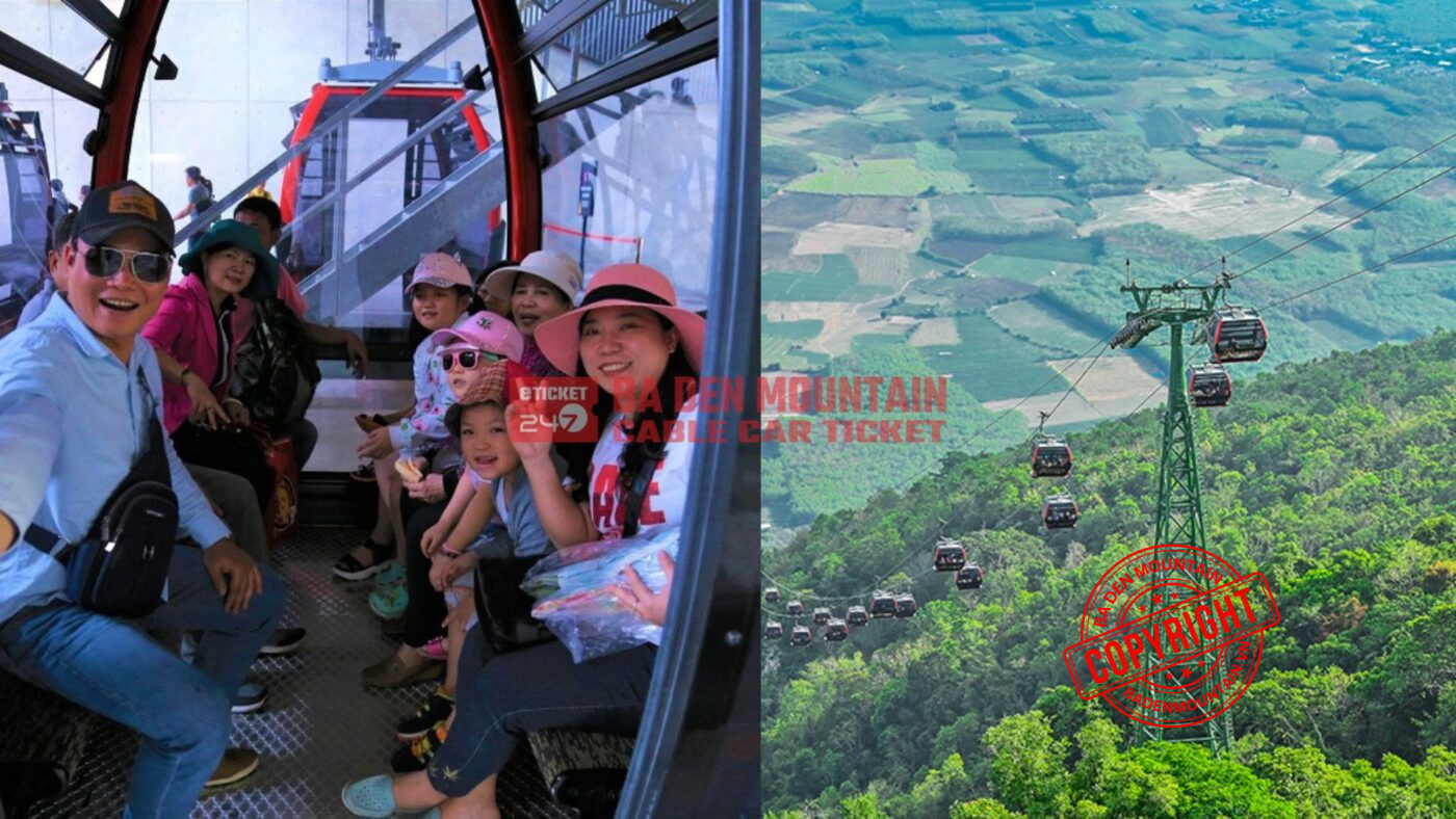 Tourists enjoying the scenic view from the Ba Den Mountain cable car cabin overlooking Tay Ninh fields.
